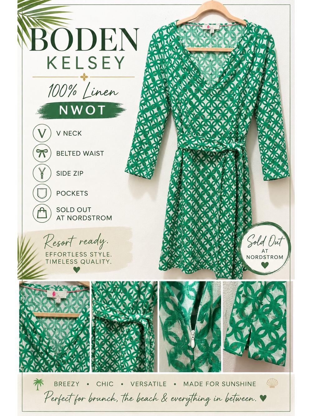 Boden Kelsey Belted Linen Dress US 6 UK10